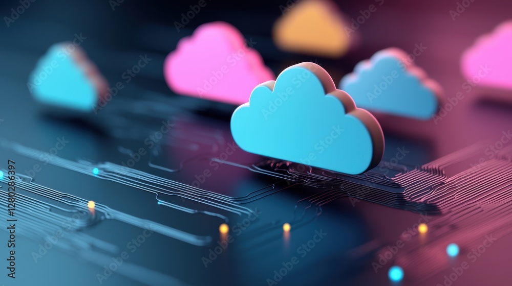 Poster abstract representation of a hybrid cloud environment with glowing public, private, and edge cloud c