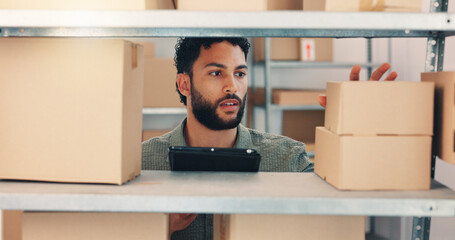 Tablet, box and inspection with man in warehouse for storage, logistics schedule and inventory....