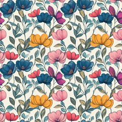 Fototapeta premium Holiday seamless floral pattern with spring flowers and plants. Design for wrapping paper, wallpaper, banner, poster, card, invitation and scrapbook. 