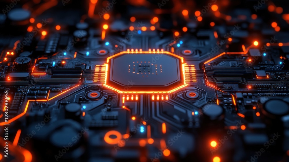 Poster close-up of a glowing computer processor on a circuit board.