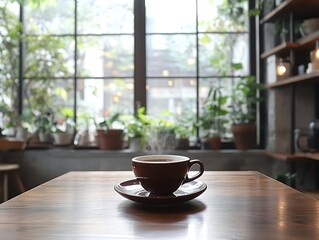 Cozy cafe, hot coffee, window view, plants