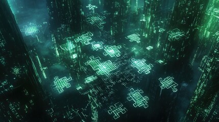 Obraz premium Futuristic digital cityscape with glowing patterns and abstract structures in a virtual environment
