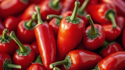 Fresh red chili peppers stacked together, showcasing their vibrant color and glossy texture in a market setting during midday hours