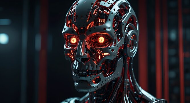 A humanoid robot displaying a damaged face, exposing glowing red circuits and a skeletal structure, highlighted by glowing eyes.   