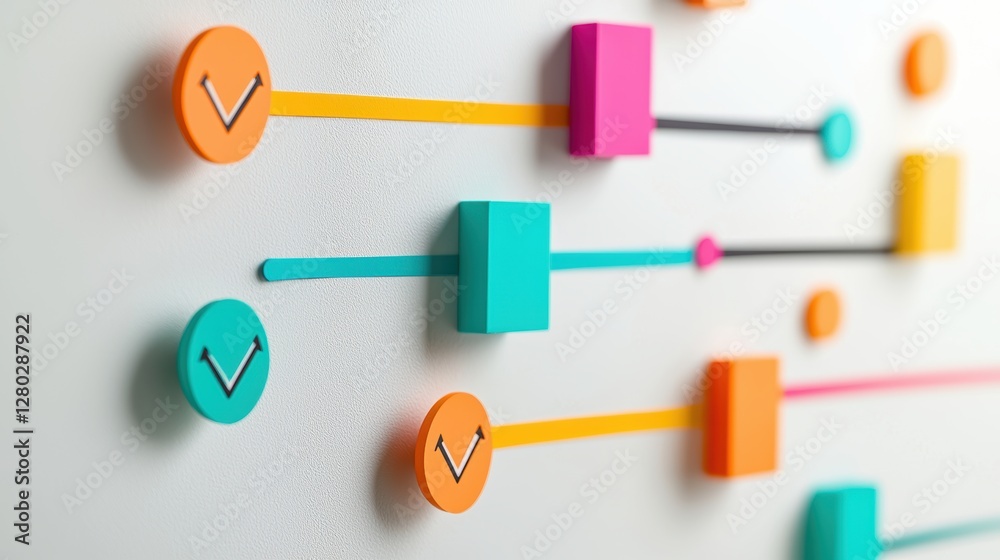 Poster a project timeline displayed on a whiteboard, using a horizontal gantt chart format, with tasks repr