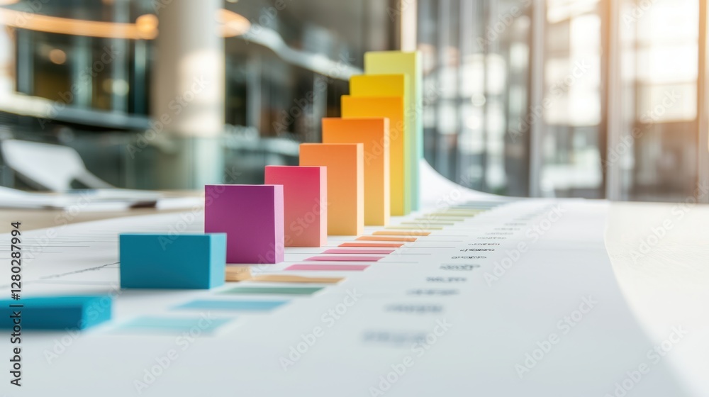 Poster a colorful gantt chart printed on a large sheet of paper, used for tracking the progress of a constr