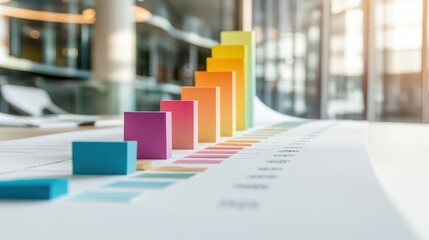 A colorful Gantt chart printed on a large sheet of paper, used for tracking the progress of a construction project, with different colors representing different phases, contractors, or resources