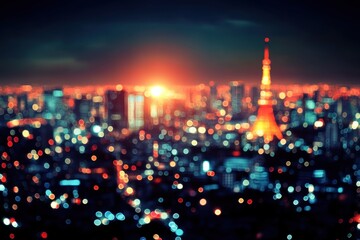 Fototapeta premium Dusk settles over Tokyo with glowing lights and a distant view of the iconic tower illuminating the skyline in a vibrant hue