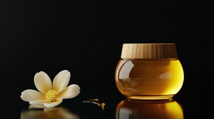 Honey jar, flower, dark background, beauty product, spa
