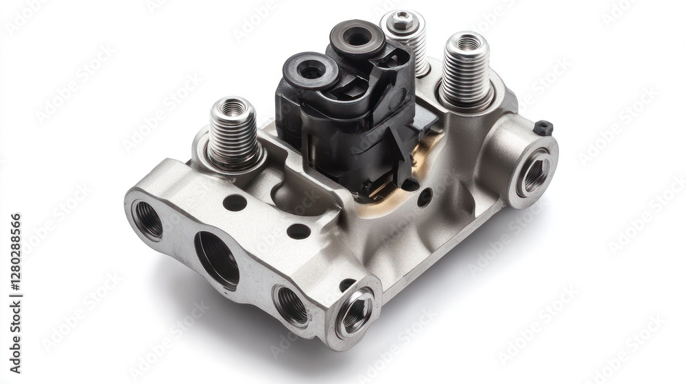 Aufkleber Close-up of a metallic automotive part with intricate details and multiple connectors, isolated on white background.