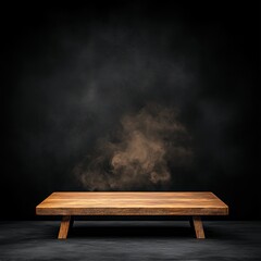 Rustic wooden table with smoke against dark backdrop, ideal for product display