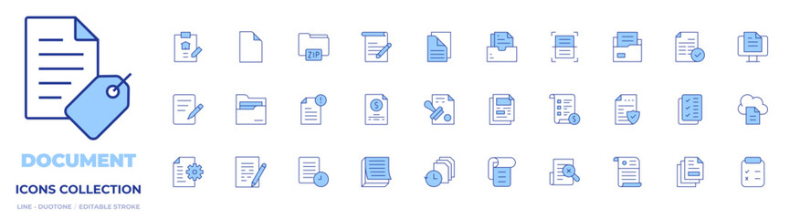 Document icons collection. Line Duotone style, editable stroke. documents, document, contract, writing, files, new document, file, price list, archive, scanner