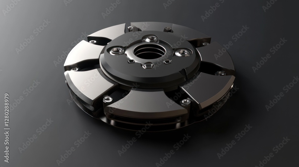 Fototapete Close-up of a metallic, circular mechanical part with segmented design and central hub, on a dark background.