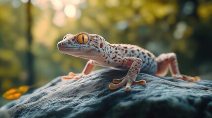 Colorful gecko resting on a rock in a lush environment during daylight hours showcasing its vibrant patterns and striking eyes