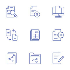 Document icons set. Thin Line style, editable stroke. computer, document, writing, criminal record, transfer, share, investment, spreadsheet, folder