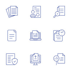 Document icons set. Thin Line style, editable stroke. paper, stamp, file, text, legal document, upload, analysis, time, report