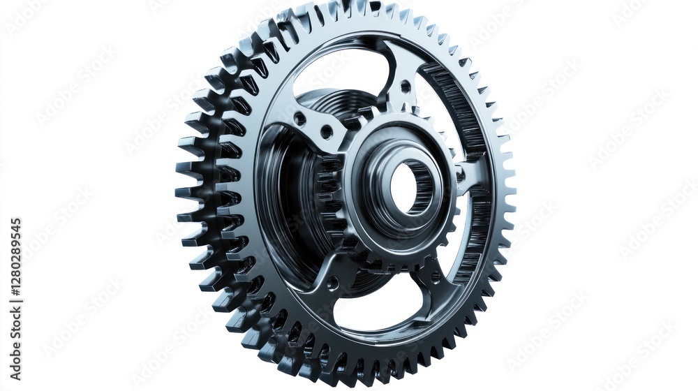 Poster close-up of a metallic gear, showcasing intricate details and mechanical precision.