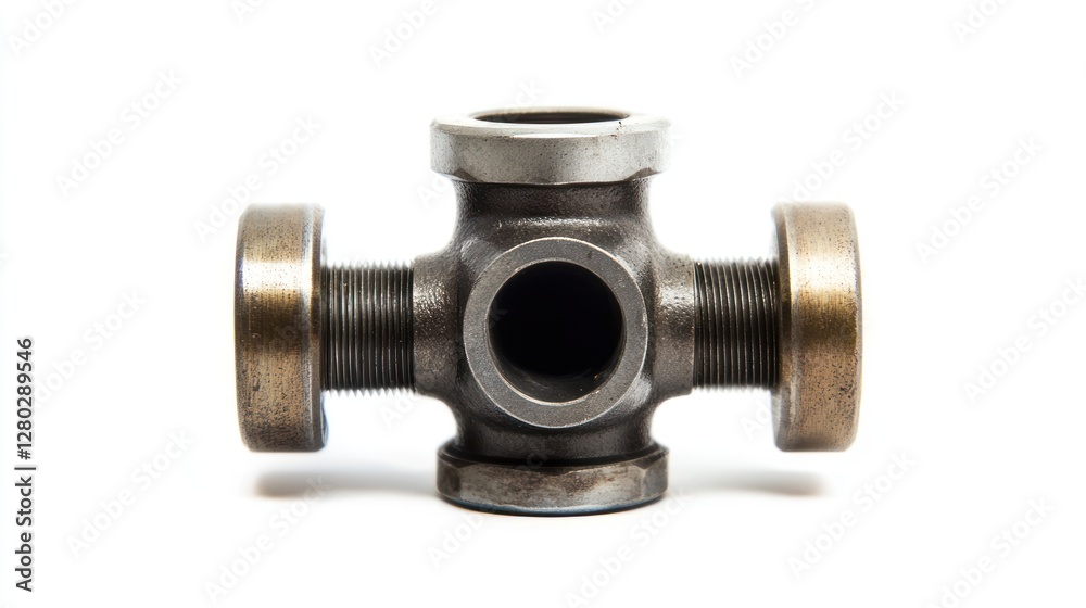 Aufkleber close-up of a metallic four-way cross-shaped industrial component with cylindrical ends and threaded