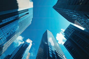 Fototapeta premium Urban skyscrapers viewed from below, looking up at modern architecture in a city