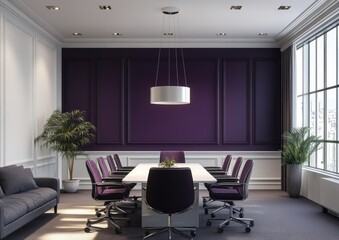 Fototapeta premium Modern purple conference room with city view