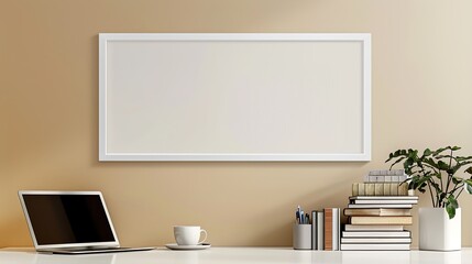 Obraz premium A white rectangular frame above a desk in a home office, with a cup, a laptop, and a stack of books beside it. HD 8K mockup wallpaper Photographic Image