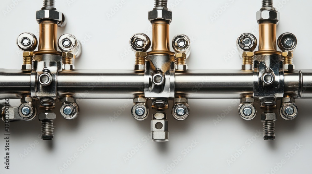 Aufkleber close-up of a metallic industrial component with multiple bolts, nuts, and rollers attached to a cen