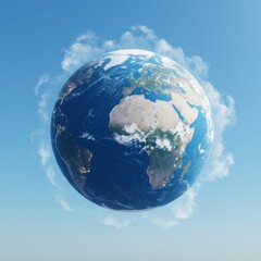 Realistic floating Earth in a blue sky with clouds and peaceful atmosphere