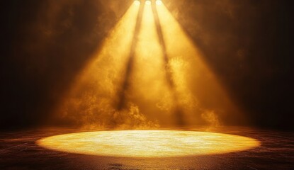 Obraz premium A Dramatic Light Show with Golden Spotlights Illuminating a Stage Surrounded by Smoke in a Theatrical Atmosphere