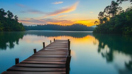 A wooden pier sits on a lake, with the sun setting in the background. The water is calm and still, reflecting the beautiful colors of the sky. The scene is peaceful and serene