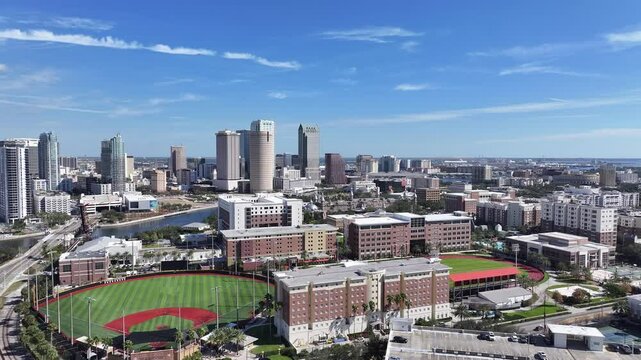 Tampa Skyline At Tampa Florida United States. Amazing Skysrapers And Traffic On Street Viewed From Above. Business Sky Downtown Cityscape. Outside Downtown Panoramic. Tampa Florida.