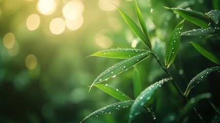 Fototapeta premium Dew-kissed bamboo leaves glisten in the golden light of early morning in a serene and lush garden