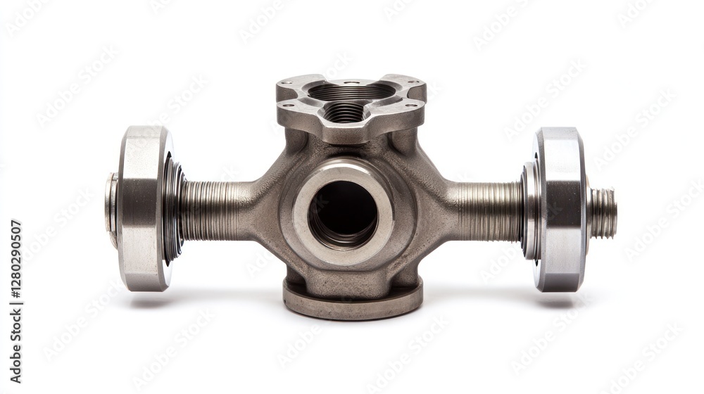 Poster close-up of a metallic industrial part with bearings and threaded sections against a white backgroun
