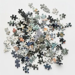 Scattered Jigsaw Puzzle Pieces on a White Surface: A Top-Down View of a Disassembled Puzzle, Featuring a Variety of Colorful Pieces Randomly Placed on a Clean White Board, Evoking a Sense of Challenge