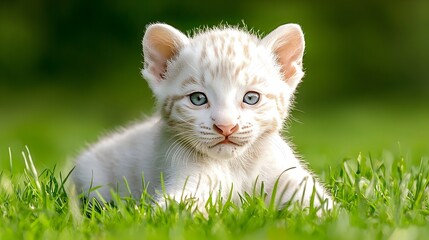 Majestic White Kitten Gazing Curiously in Lush Green Grass