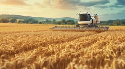 Obraz premium A combine harvester works diligently in a vast field of ripe wheat. The warm tones of sunset highlight the beauty of the agricultural landscape, surrounded by gentle hills.