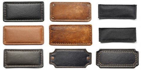 A collection of leather tags with different colors and designs. The tags are all black and brown, and they are all sewn together. The tags are arranged in a row, and they all have a similar look