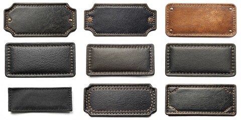 A collection of leather tags with different designs and colors. The tags are all black and have a leather texture