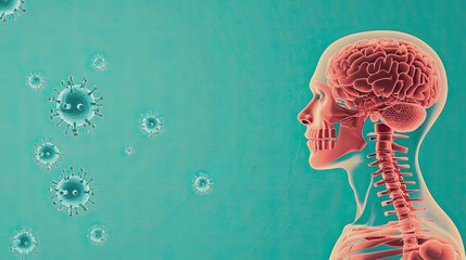A digital illustration of a human head silhouette, highlighting the brain, with floating virus-like particles in the background, symbolizing health and disease.