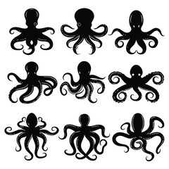 Octopus Silhouette Vector Set: Black and White Clip Art of Sea Creatures, Marine Animals, Ocean Life Illustration, Graphic Design Elements