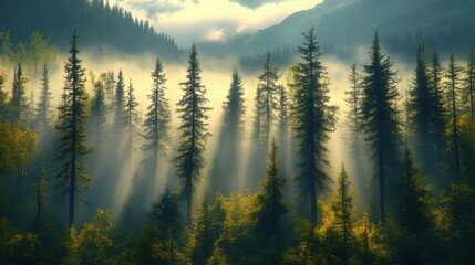 Majestic forest landscape at sunrise with mist and tall pine trees in a serene mountainous region