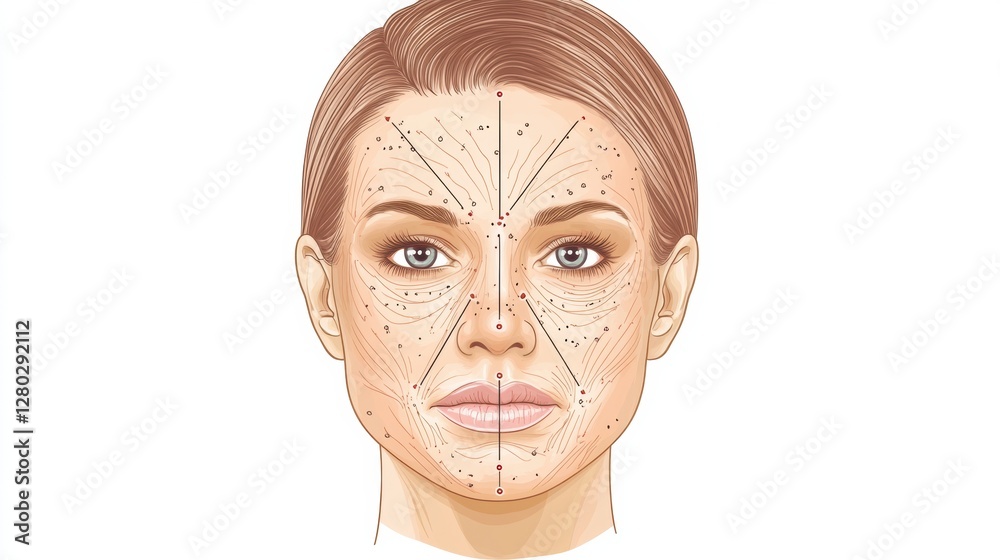 Poster detailed medical illustration marking precise botox injection points on a female face with anatomica