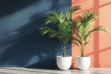 Obraz premium Two potted plants against a two-tone wall. (1)