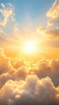 Bright sun rays shining through soft clouds in serene sky