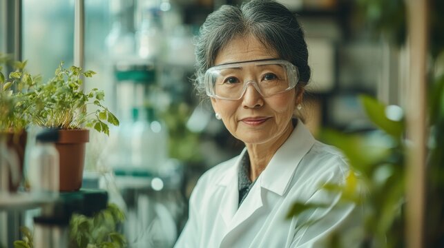 This portrait features a senior Japanese female botanist wearing safety glasses in a laboratory filled with plants. Her expression reflects wisdom and dedication to science. - Powered by Adobe
