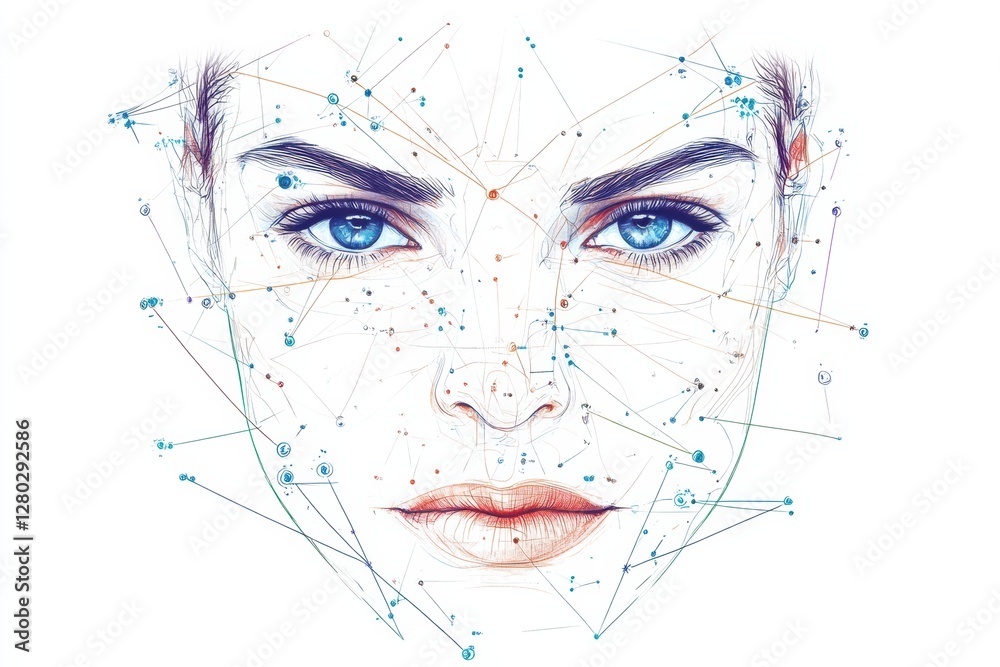 Aufkleber Precise Botox injection points on a female face illustrated with detailed anatomical features and markings. Generative AI