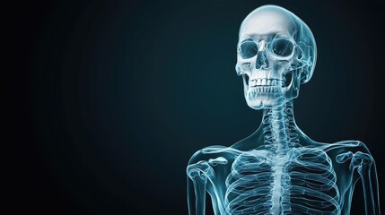 A transparent human skeleton stands against a dark background, showcasing its skeletal structure in a visually striking manner.