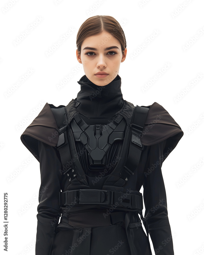 Poster female model wearing futuristic black sci fi themed fashion with sleek design and geometric patterns