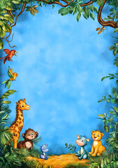 Fototapeta premium A colorful jungle scene featuring friendly animals and a blank background for text.