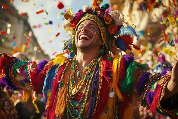 Fototapeta premium Cheerful Samba Dancer Man in Colorful Costume Celebrates Carnival with Confetti. Fictional Character Created By Generative AI