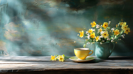 wooden table with a fresh bouquet of early spring flowers and a cup of coffee 